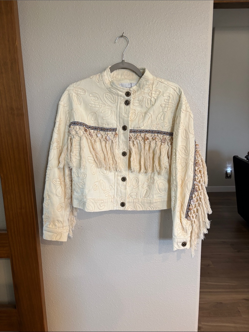 Women’s Cream Embroidered Fringe Jean Jacket